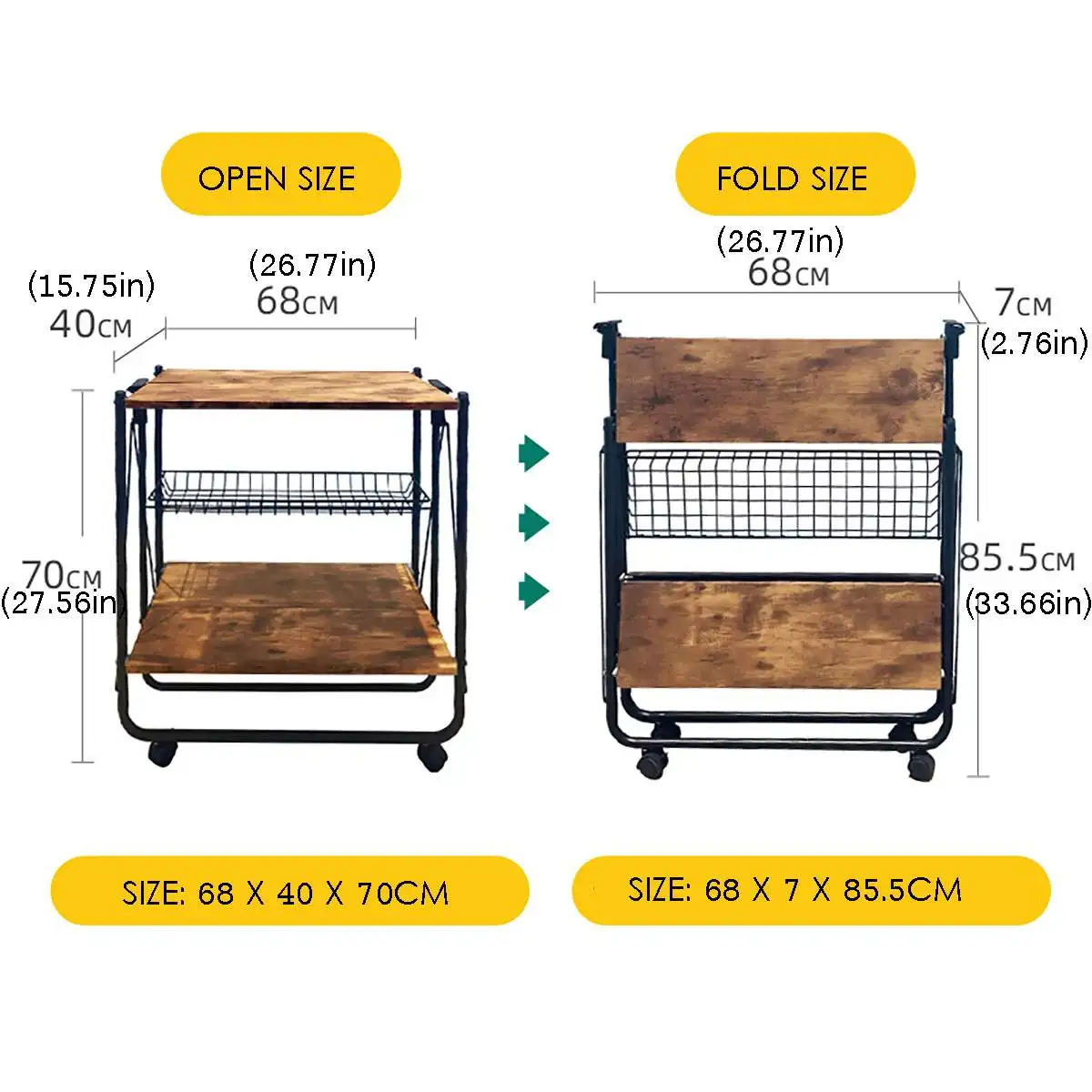 

Rolling MDF Kitchen Island Trolley Cart Dining Storage Basket Folding Kitchen Organizer Storage Holder Shelves Steel Pipe Stand