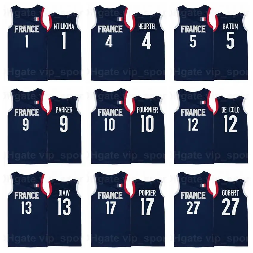 

National Team 2021 Tokyo France Basketball Jersey 27 Rudy Gobert 7 Guerschon Yabusele 10 Evan Fournier Nando DE COLO Timothe Luw