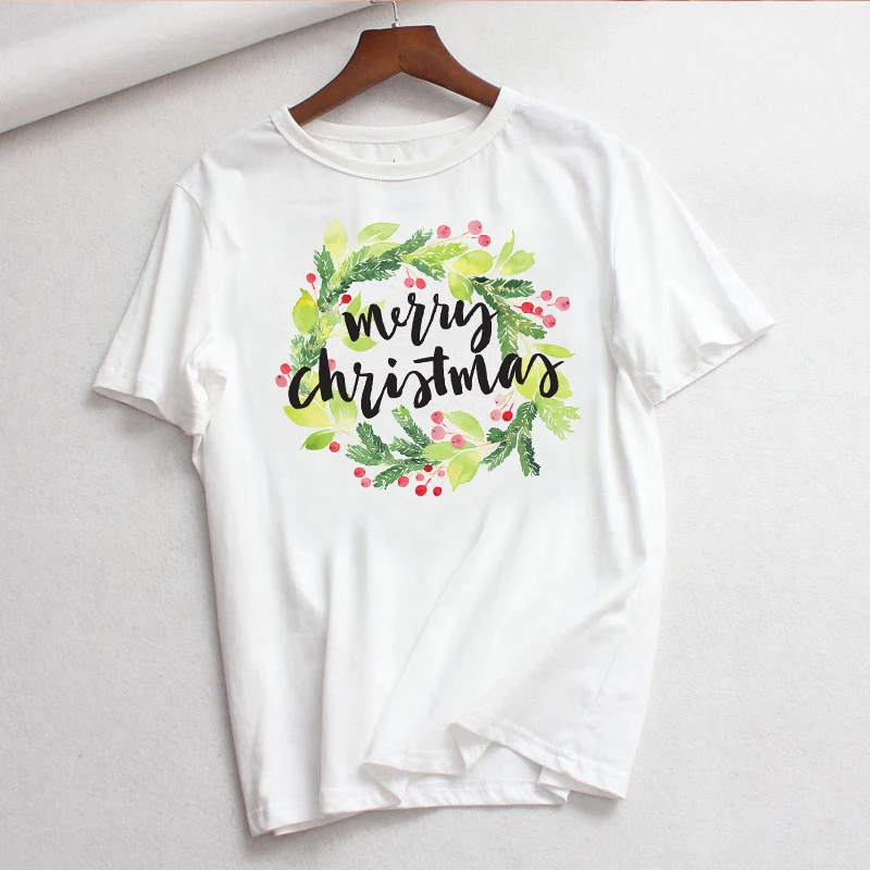 

LUSLOS Merry Christmas T Shirt Women Tshirt Garland Printed Femme Graphic Tee Shirts Short Sleeve Casual Streetwear Tee Tops