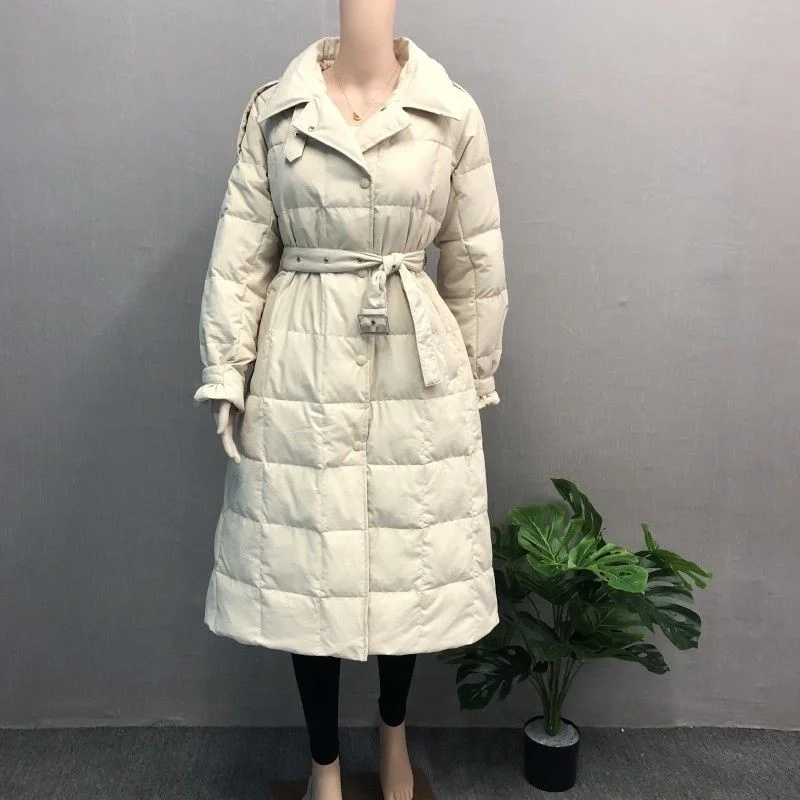 

Duck Down Jacket Women Hepburn Style Princess Loose Waist Closing Belt Long Windbreaker Elegant Temperamental Warm Parker