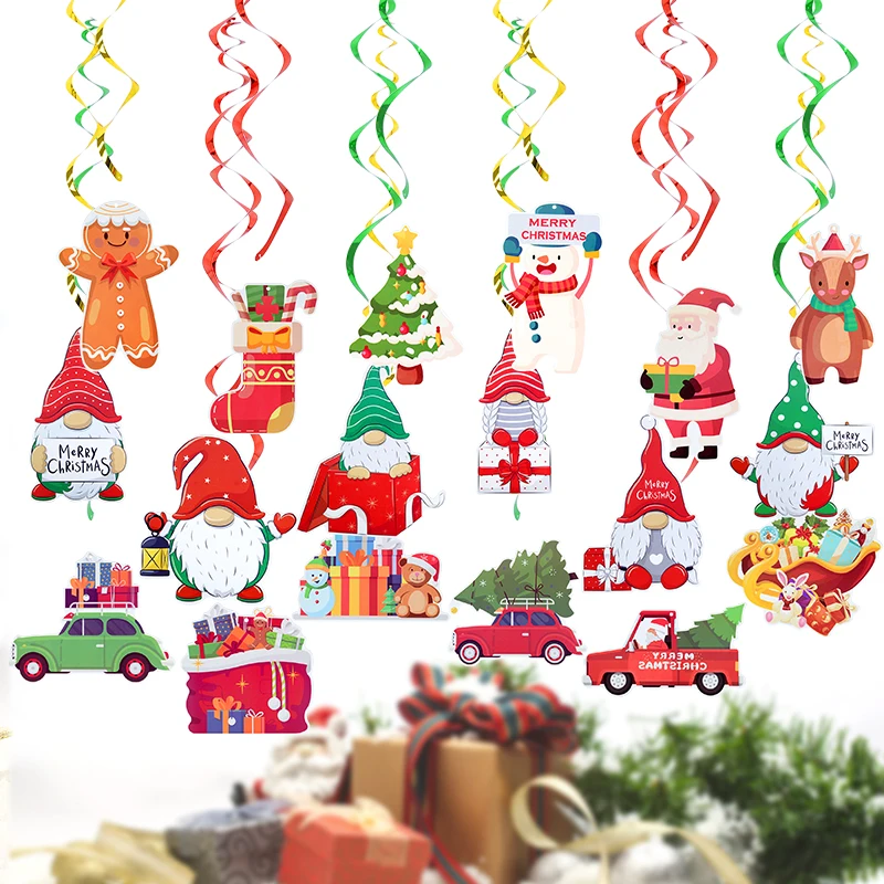 6pcs Christmas Ornament Spiral Pendant Ceiling Hanging Garland PVC Swirl Banner For Christmas Party Home Living Room Decoration