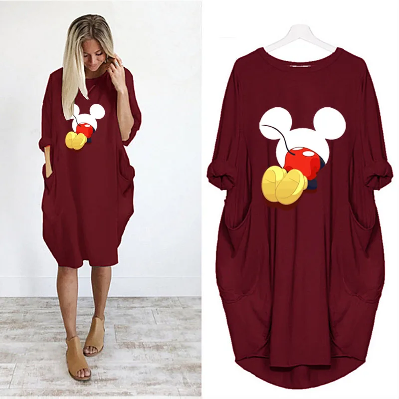 

Autumn Midi Dress Long Sleeve Pocket Loose Casual Kawaii Mickey Mouse Print Vestidos Vintage Party Dresses O Neck Robe Femme