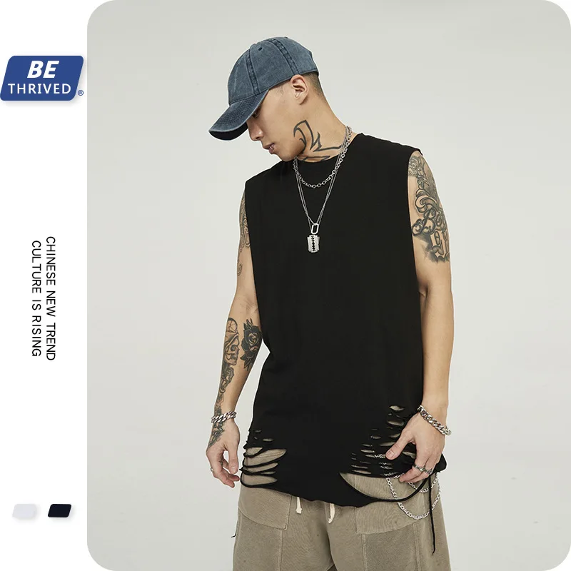 Летняя Корейская мужская футболка без рукавов с вырезами на плече в стиле ретро