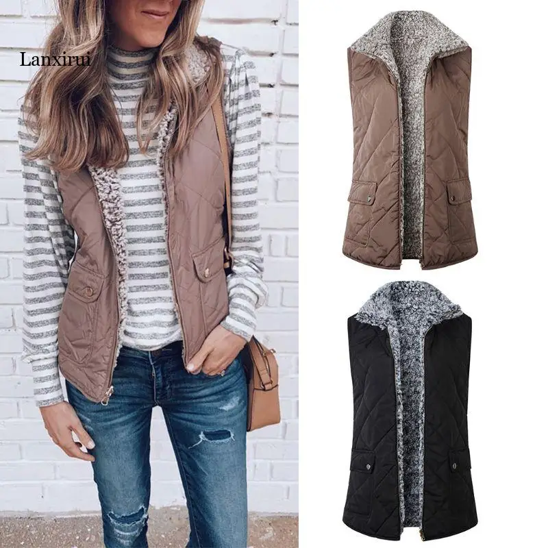 

Women Sleeveless Fleece Jacket Winter Vest Female Slim Reversible Vest Windproof Warm Waistcoat