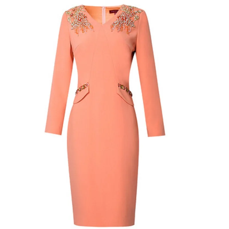 

New Fashion Office 2021 lady Solid dresses Autumn Spring casual Floral dress women's slim patchwork beading luxury V-neck skirt