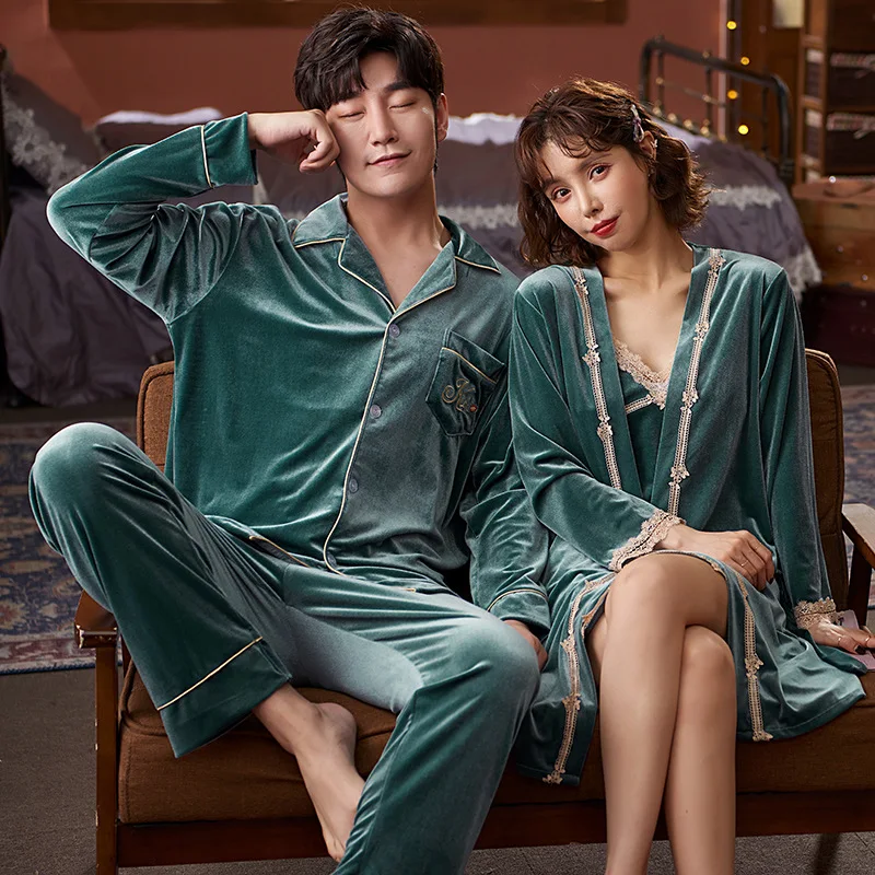 Autumn Winter Velvet Couple Lovers Pajamas Women Velour Robe Sets Sexy Nightwear Sleepwear Men Long Sleeve Pyjamas images - 6