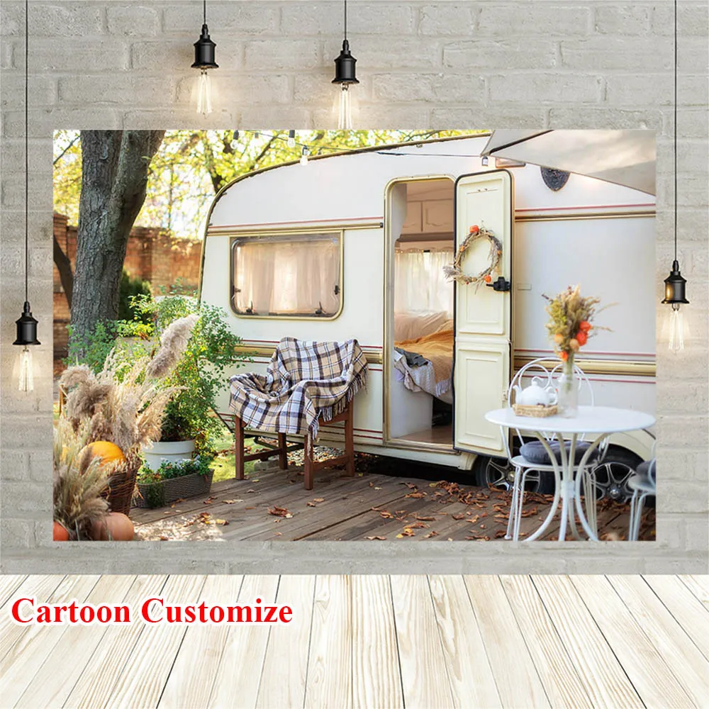 

Avezano Fall Photography Backdrops Autumn Garden White RV Fallen Leaves Pumpkin Baby Portrait Photo Background Studio Photozone