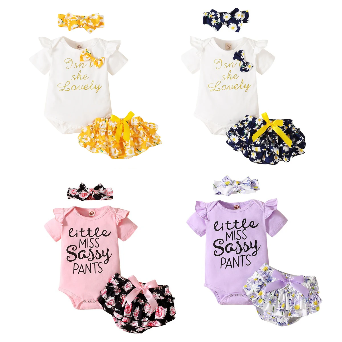 

2021-04-12 Lioraitiin 0-18M 3Pcs Set Baby Girl Short Sleeve Romper Shorts Bow Little Miss Sassy Pants Elastic Waist Clothing