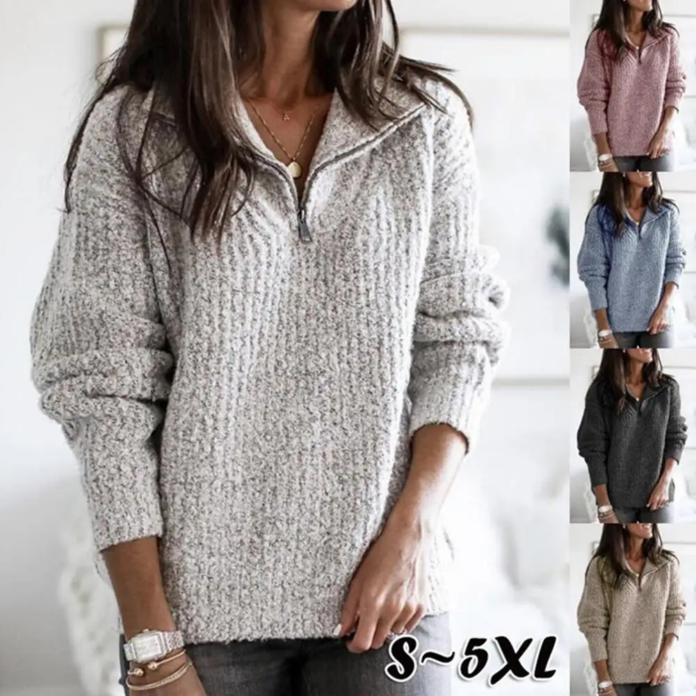 

Women Zipper Lapel Solid Color Long Sleeve Loose Knitted Pullover Sweater Top Suitable for travel shopping daily wear great gift