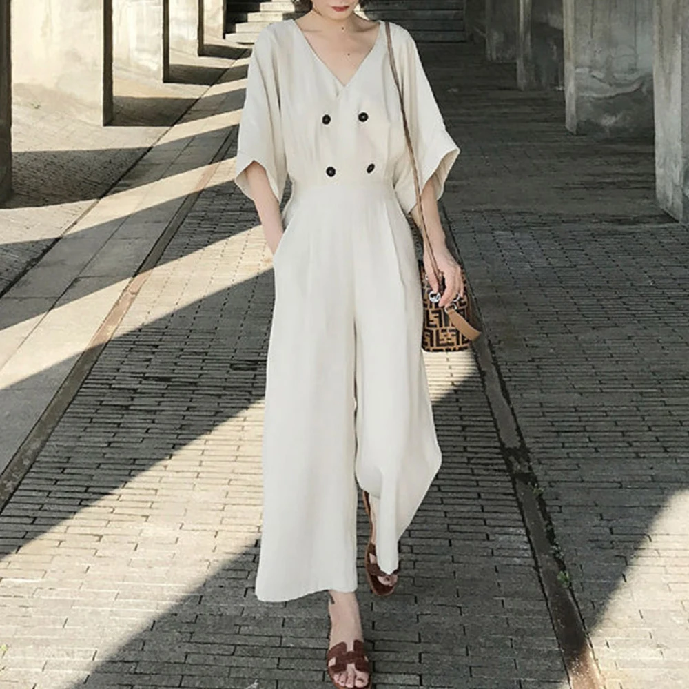 

Solid Color Women Jumpsuit 2021 Korean Summer Half Sleeve Buttons Ankle Length Wide Legs Pants One Piece Rompers Office Female