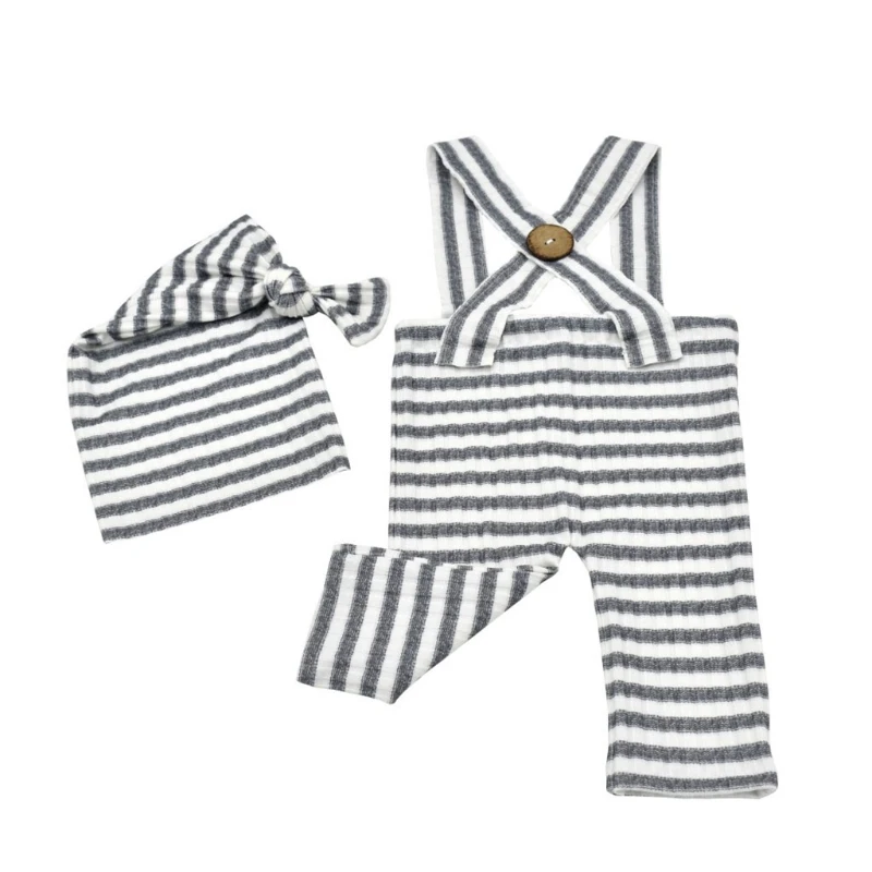 

H37A 2 Pcs Baby Stripe Romper Long Tail Knotted Hat Set Newborn Photography Props Strap Pants Cap for Infants Photo Shooting