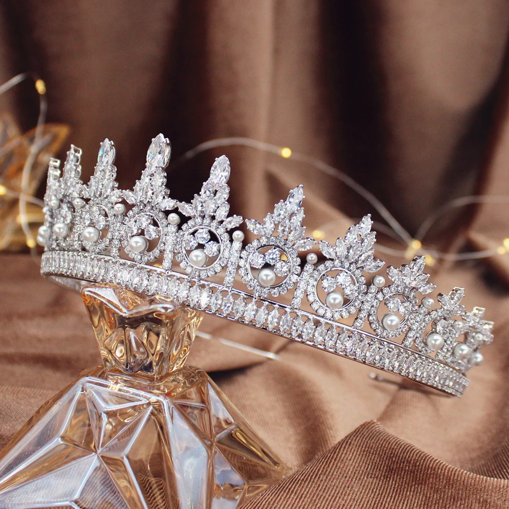 

Parmalambe European Crown Zircon Wedding With Pearl Princess Headband Crown Luxury Jewelry Queen Bridal Wedding Tiara Accessory