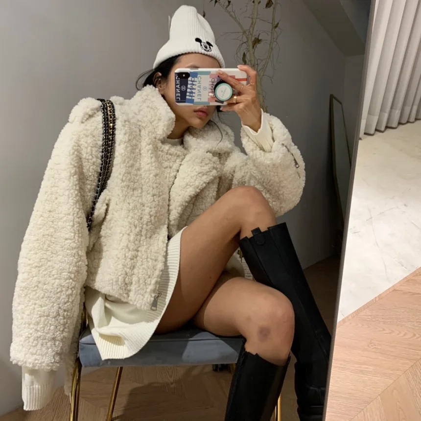 

Chic Long Sleeve Loose Crop Woolen Jacket For Women Winter Thick Warm Woolly Jacket With Belt Ladies Casual Streetwear Outwear