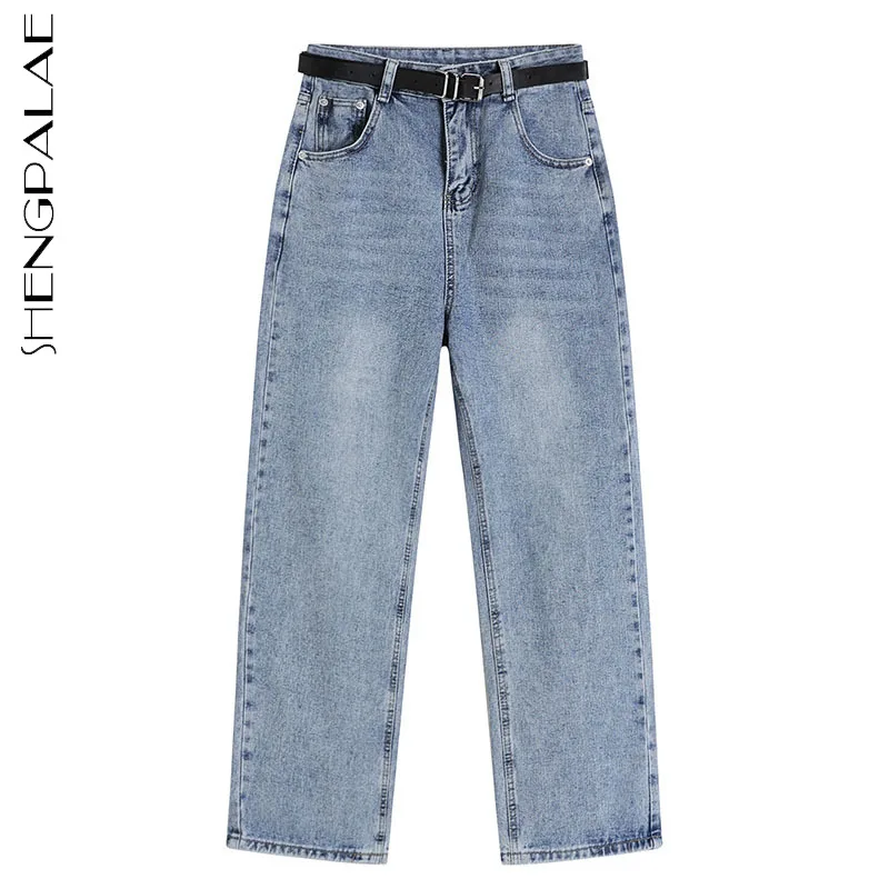 

SHENGPALAE Streetwear Fashion Jeans Women Autumn 2021 New High Waist Loose Straight Denim Ankle-Length Pants Female Tide 5E3054