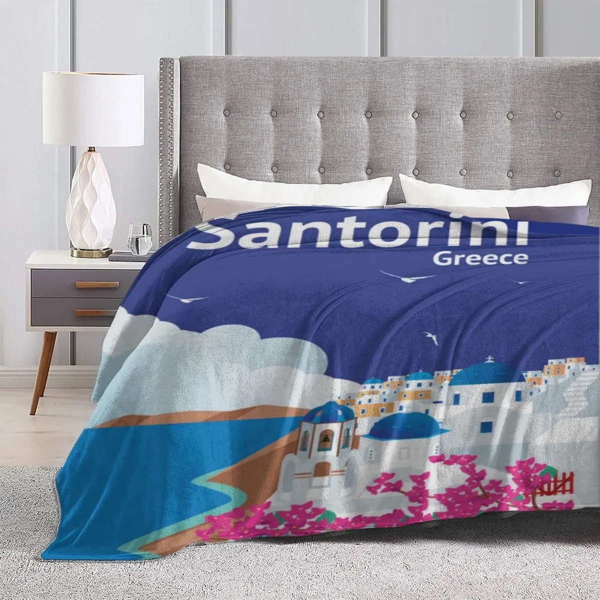 

Santorini Greece Microfiber Fleece Blanket Ultra Soft Throw Blanket Warm Lightweight Flannel Blanket for Couch Sofa Bed Office