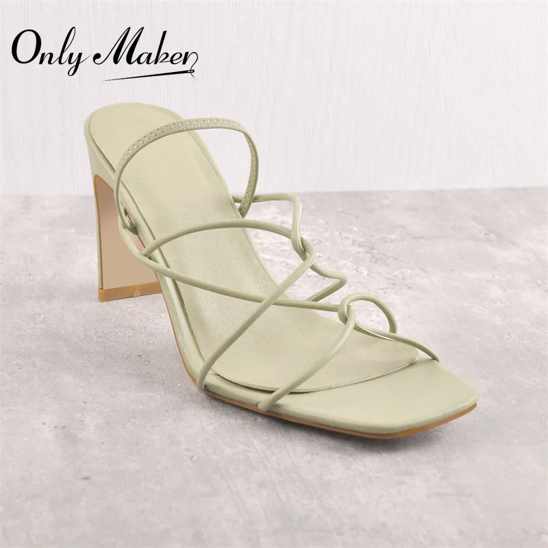 

Onlymaker Summer Slip-On Sandals Square Toe Matte Green Chunky High Heels Narrow Band Knotted Slippers For Women Casual