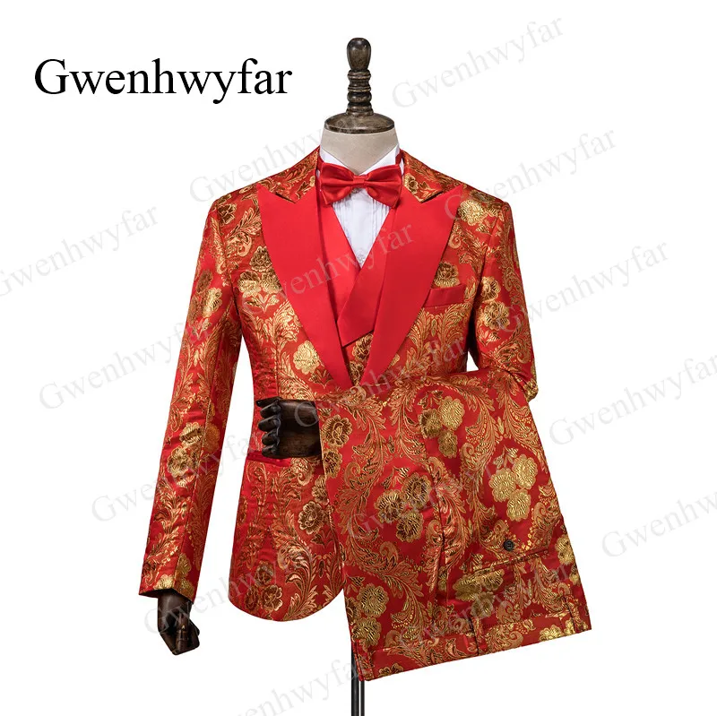 Мужские костюмы Gwenhwyfar красные из 3 предметов осень 2019 банкетная серия золотые