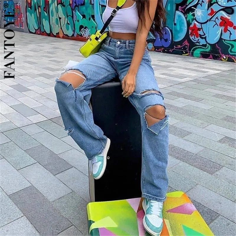 

FANTOYE Casual Ripped Hole Jeans Pants High Waist Women Harem Korean Streetwear Denim Pants 2020 Fashion Harajuku Jogger Summer