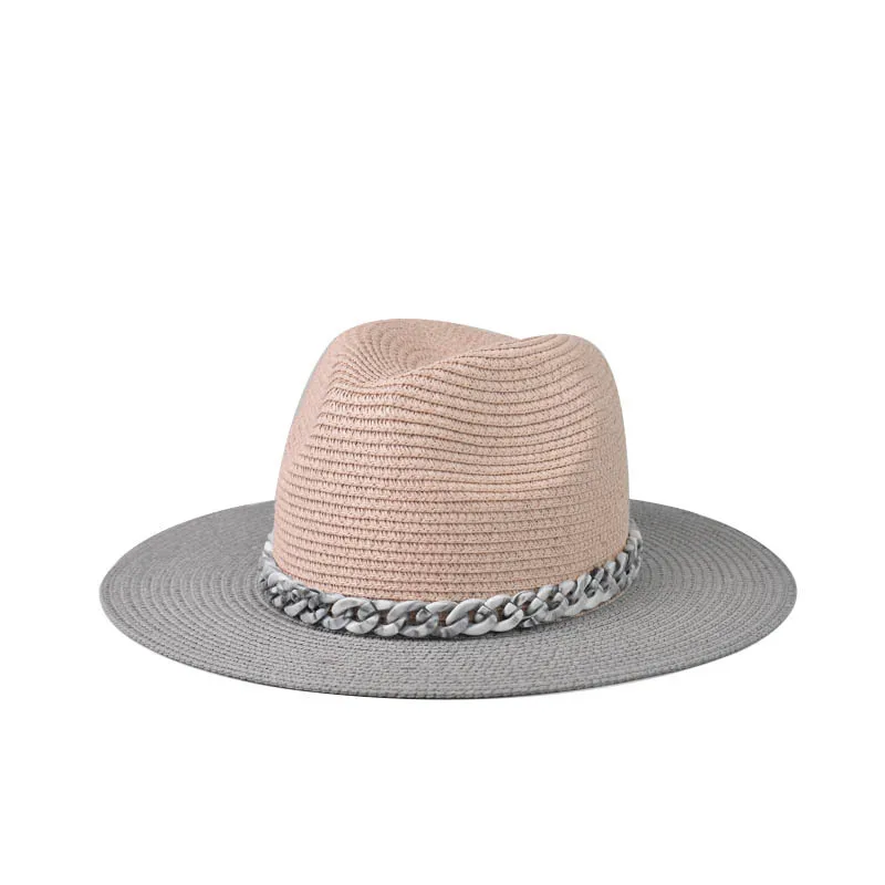 

Women Wide Brim Straw Panama Sun Hat Belt Chain Fedora Beach Sun Hat UPF50+ Fashion casual candy belt decoration hat wholesale