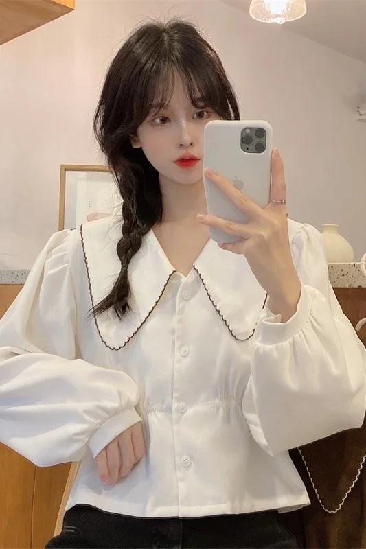 Женская рубашка с длинным рукавом и французским воротником осень 2021 | одежда