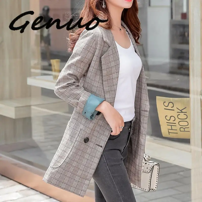 Женский блейзер в клетку двубортный Длинный повседневная офисная одежда верхняя
