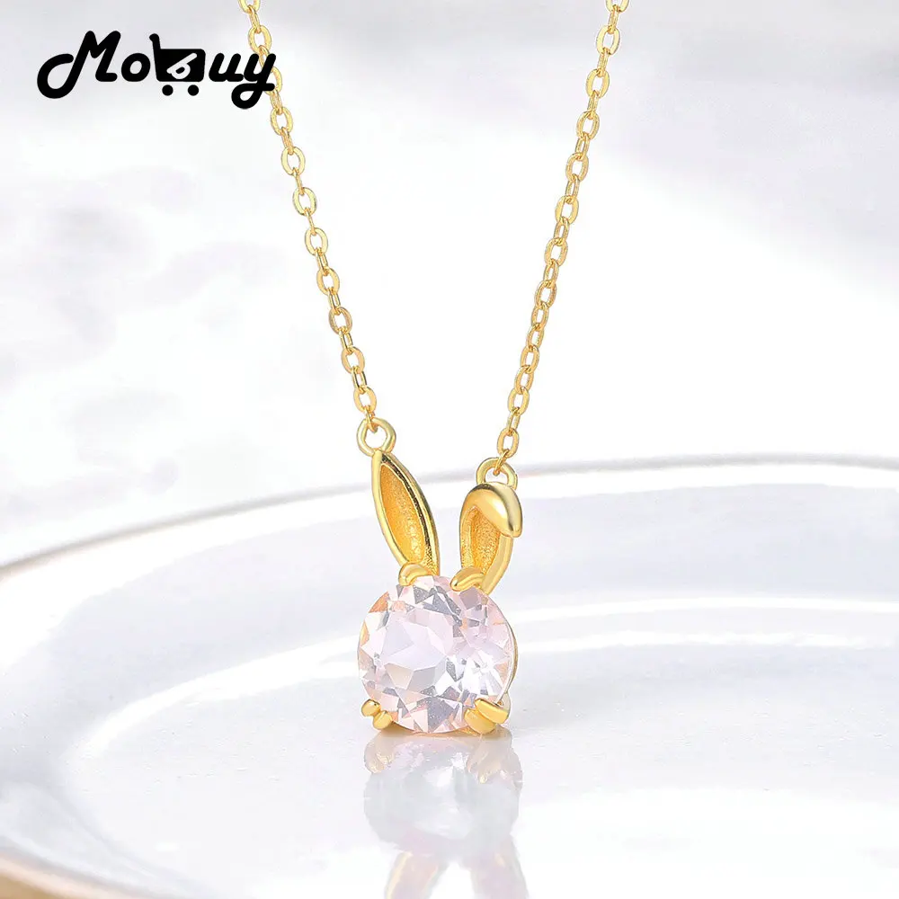 

MoBuy 925 Silver Necklace For Women Natural Rose Quartz Pendant Lovely Rabbit 14K Gold Plated Fine Jewelry Girl Gift MBNI093