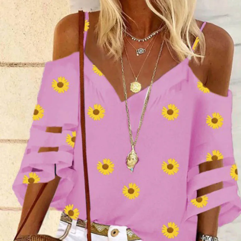 Женская блузка с открытыми плечами V-образным вырезом и рукавом-фонариком