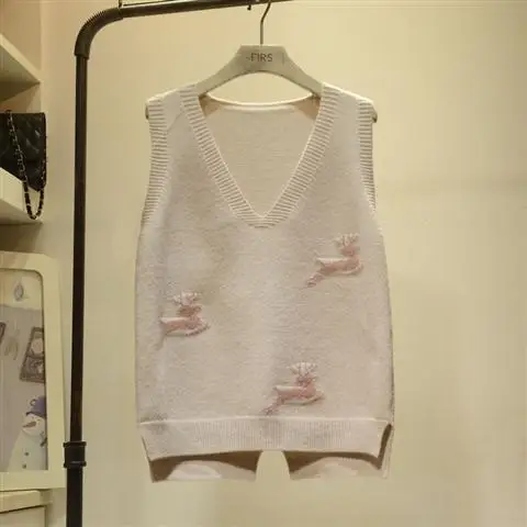 

Women Spring Fashion Korean Style V-neck Knit Vest Female Casual Animal Embroidery Pullovers Vest Ladies Loose Sweater Vests Z75