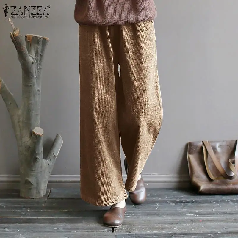 

ZANZEA 2021 Women Corduroy Trousers Kaftan Autumn Pants Casual Elastic Waist Long Pantalon Palazzo Female Solid Turnip Oversized