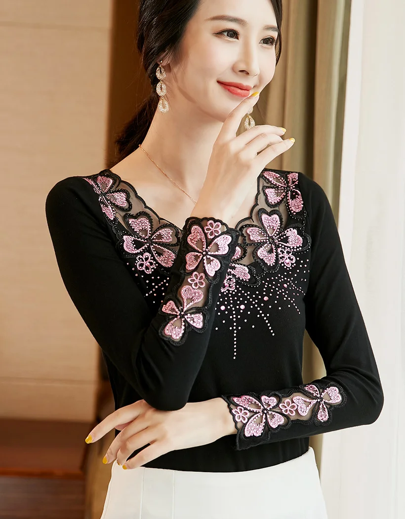 Blusas mujer de moda, Осенние сетчатые топы с длинными рукавами и вышивкой, модная Повседневная Блузка с бриллиантами, рубашка, большие размеры