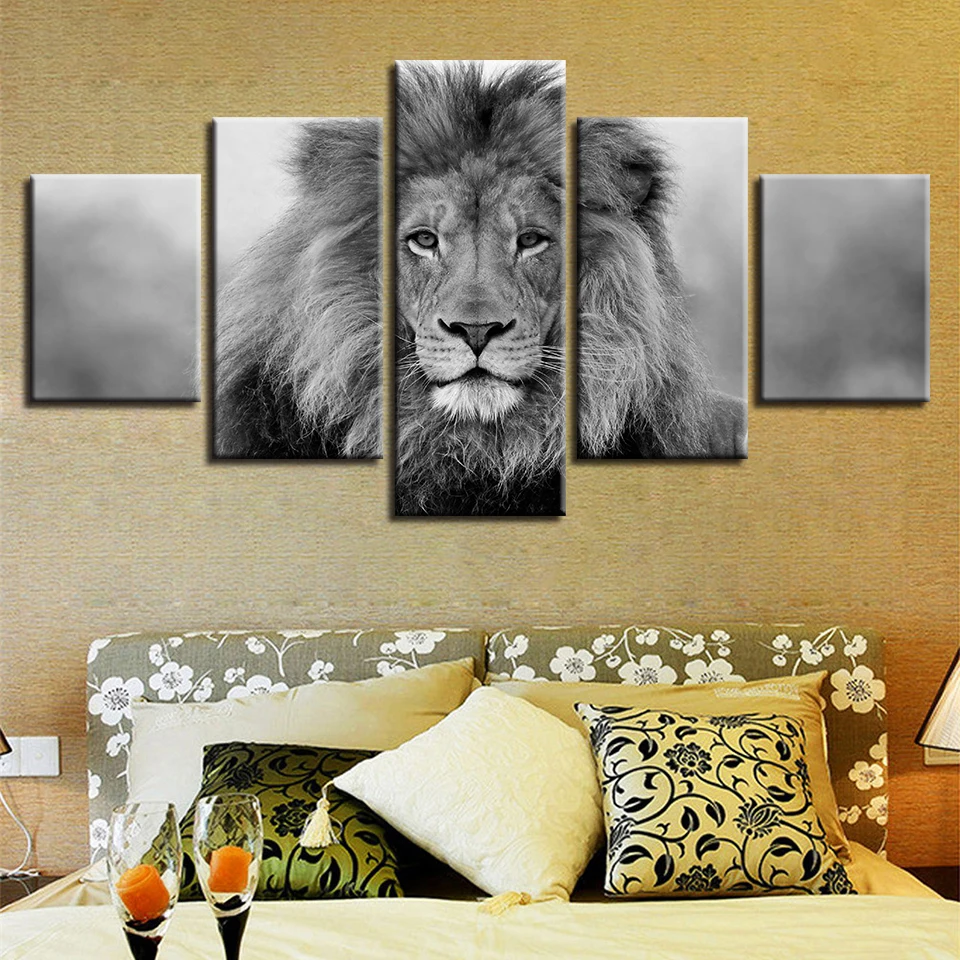 

5 Piece Canvas Wall Art Lion Poster Living Room Decor Wall Animal Painting Modern Black And White Frame Home Decoration