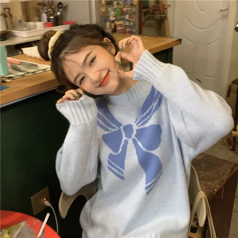 

Новинка, Женский трикотажный свитер в корейском ретро-стиле с милым бантом