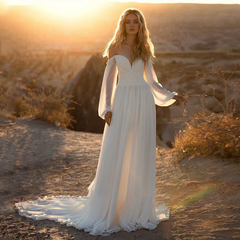 

Свадебное платье UETEEY в стиле бохо с V-образным вырезом, белое шифоновое плиссированное платье А-силуэта с пышными рукавами, молнией на спине ...