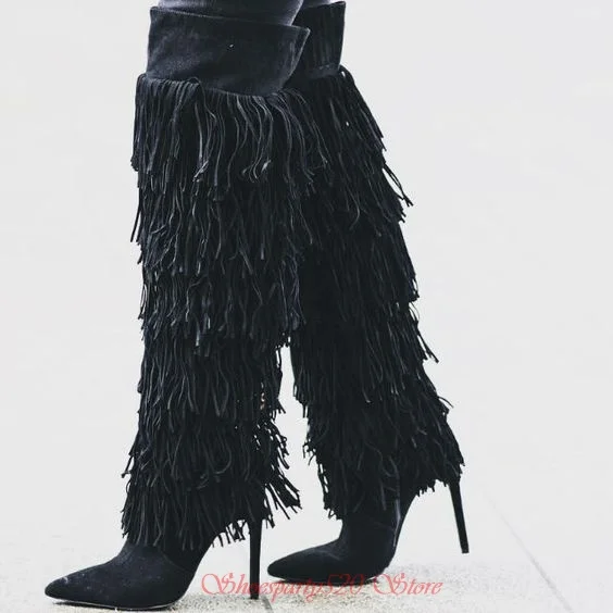 Женские сапоги выше колена с острым носком на тонком высоком каблуке|Ботфорты| |