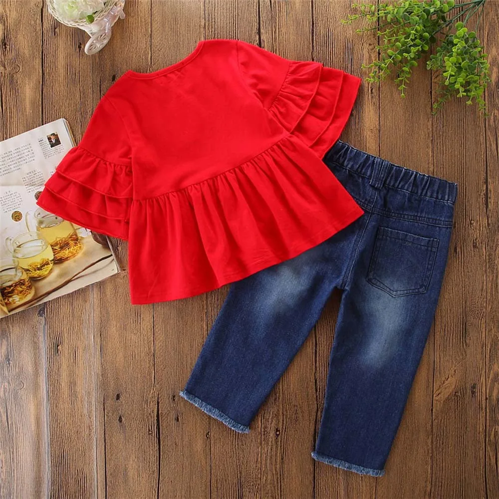 Детский однотонный топ с оборкой и короткими рукавами джинсы вышивкой одежда для