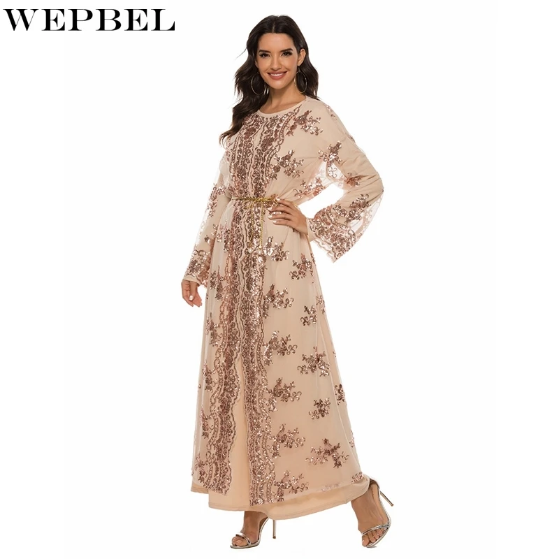 

WEPBEL Muslim Dress Women's Casual Sequined Embroidery Stitching Dress Fashion Long Sleeve High Waist Lace-up O-Neck Robe