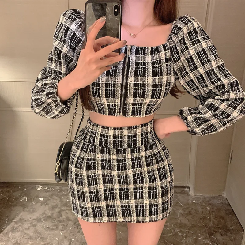 

Crop Top + Bodycon Mini Skirt Set Fashion 2 Piece Outfits For Women Suits Autumn Korean Vintage Plaid Two Piece Set Women