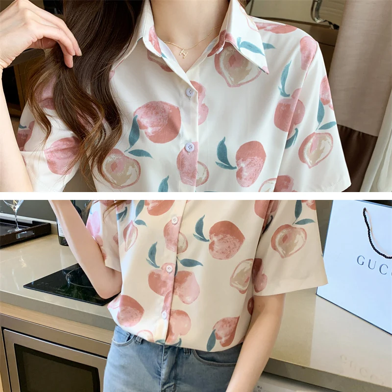 

Women Blouses Vintage Printing Short Sleeve Chiffon Summer New Style Lady Elegant Chic Sweet Office Female Loose Shirt Tops