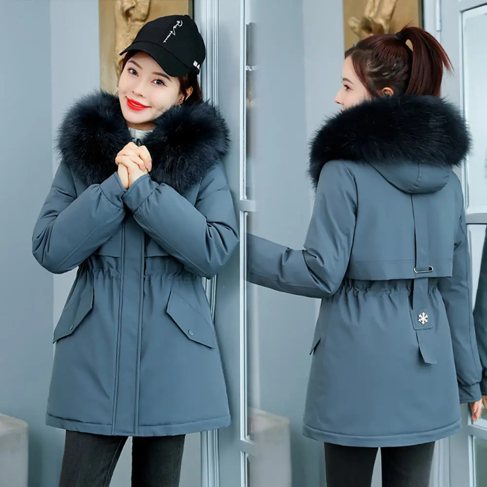 GRELLER 2021 New Winter Jacket Women's Parkas Hooded Coat Casual Short Fur Lining Cotton Padded Warm Female Jacket Coat Outwear