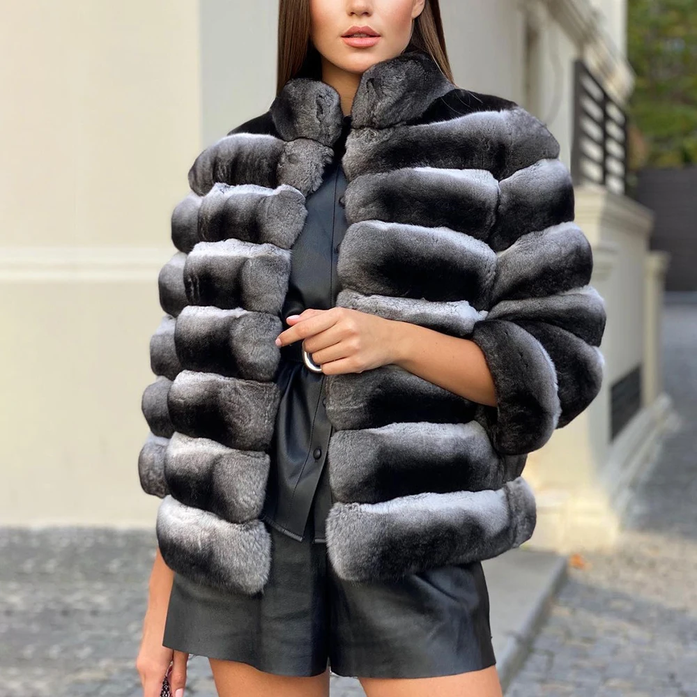 Winter Women Real Fur Coats 2022 New Natural Chinchilla Color Full Pelt Genuine Rex Rabbit Fur Jacket Stand Collar Fur Overcoats