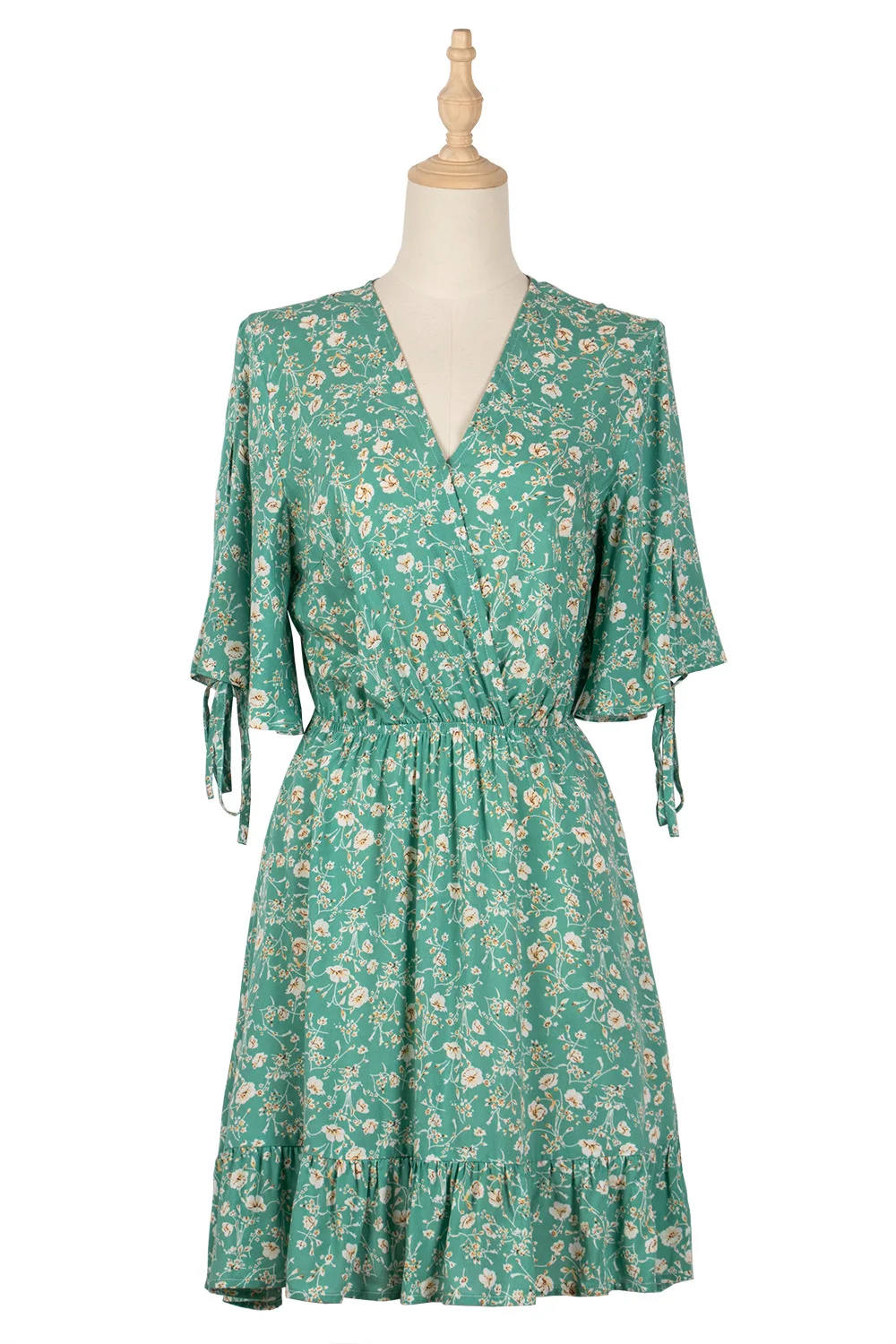 

ZQLZ Women Dress Summer Mini V-neck Green Beach Ladies Clothing Print Ruffles Casual Fashion Plus Size Sundress Women Vestidos