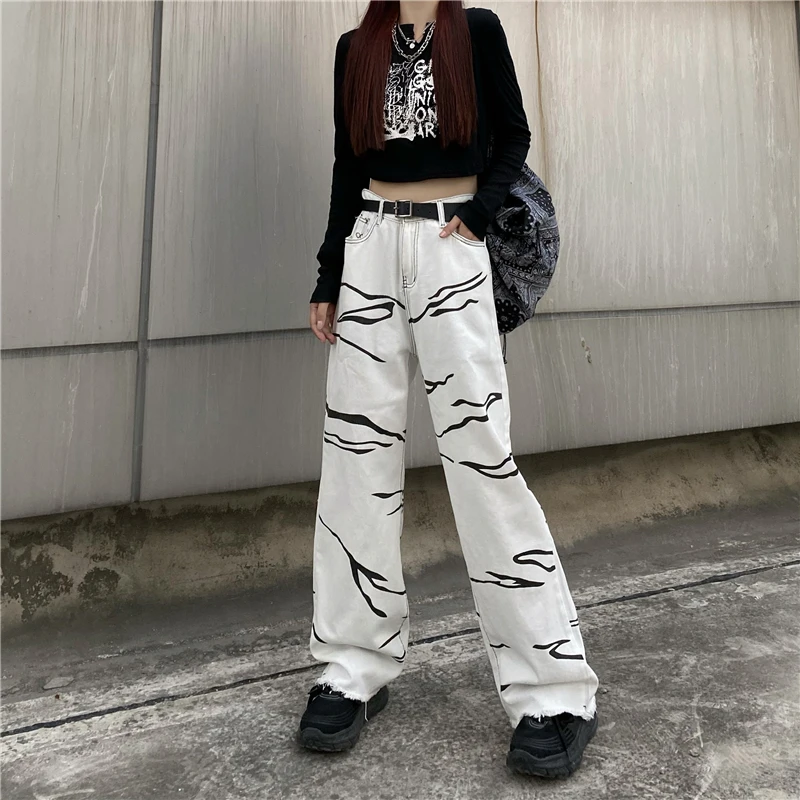

Jeans Women Low Rise Y2K Korean Fashion Oversize Baggy Wide Leg Jeans 2021 Autumn Print White Trousers Female
