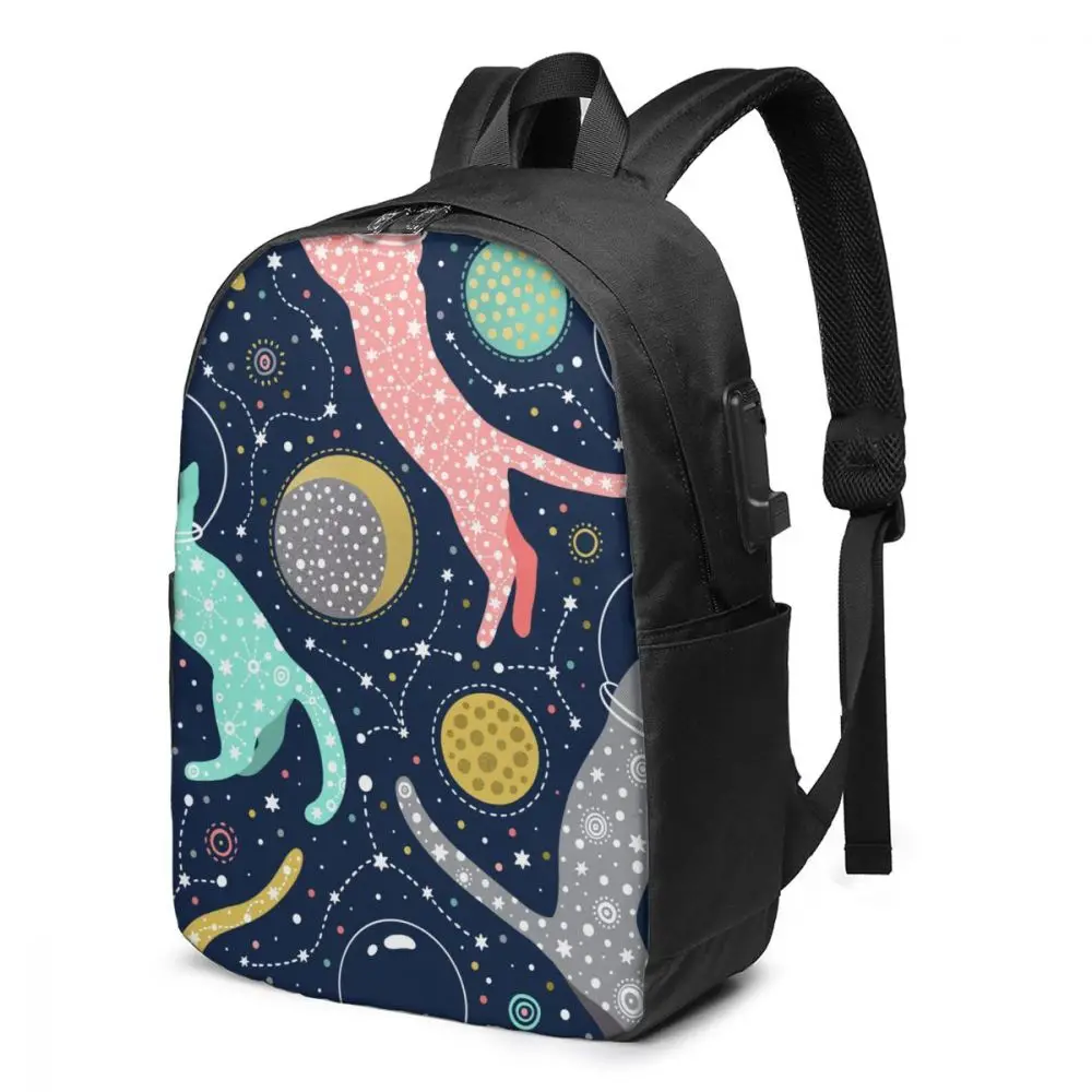 

School Laptop Backpack Cosmic Cats Astronauts In Helmets Floating In Space 17 inch Travel Multi USB Charger Bag