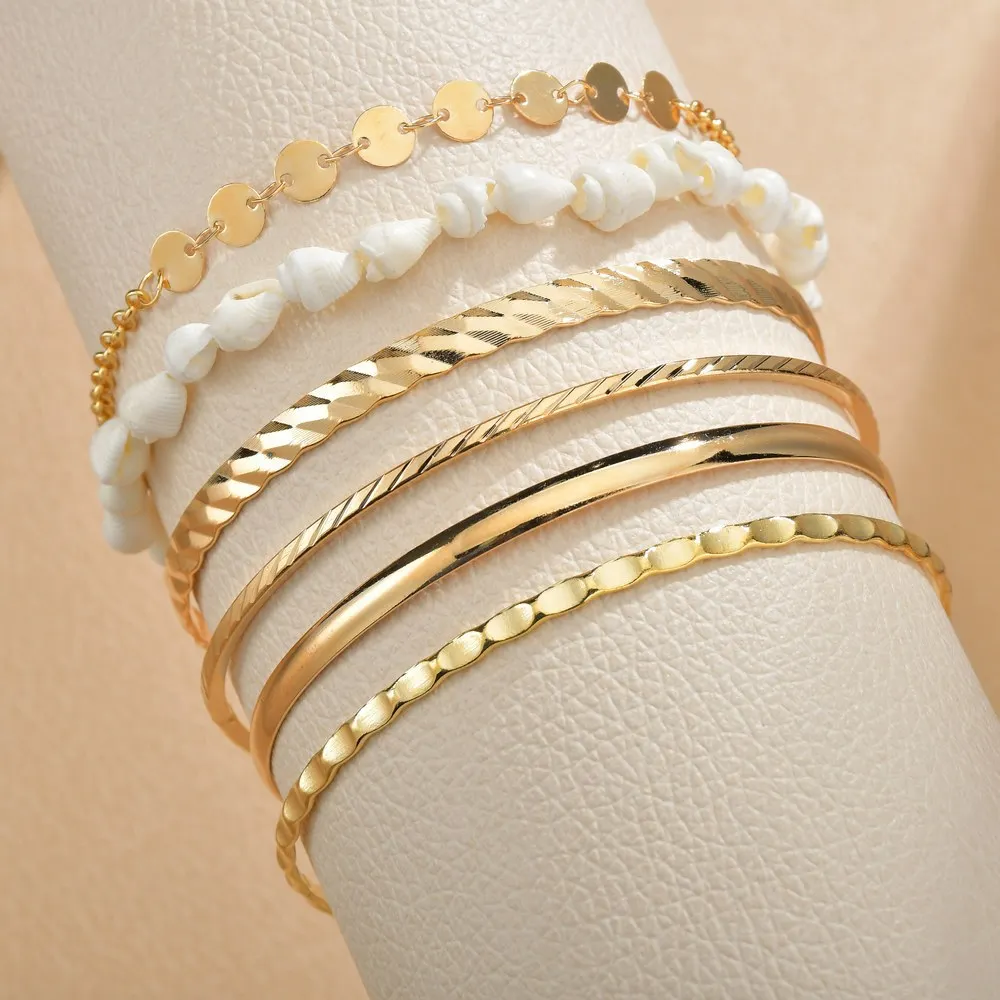 Bohemian Gold Color Moon Leaf Crystal Opal Open Bracelet Set for Women Punk Boho Beach Shell Acrylic Round Bangle Jewelry Gift | Украшения