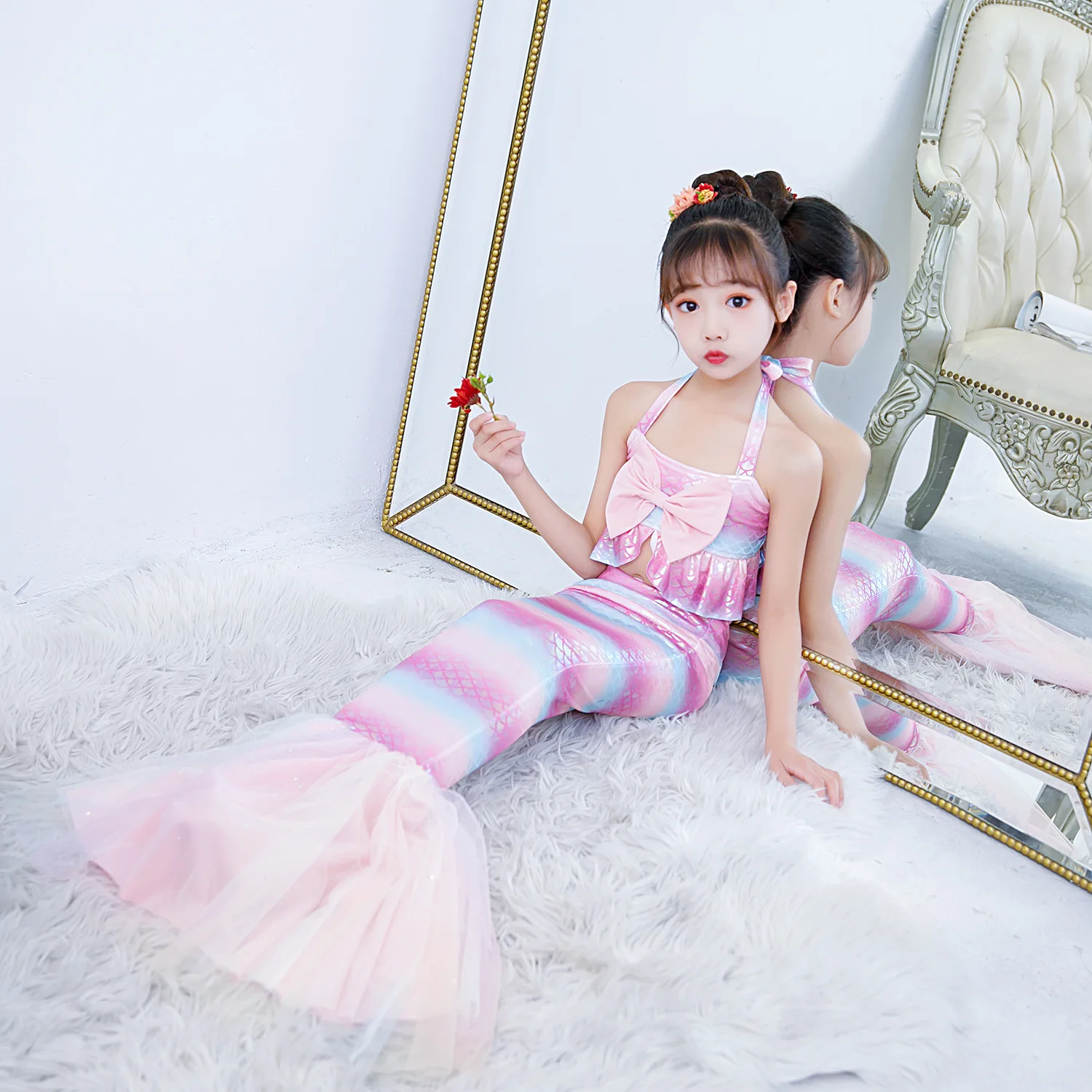 Детское длинное вечернее платье-Русалка для девочек пляжная одежда с лямкой на