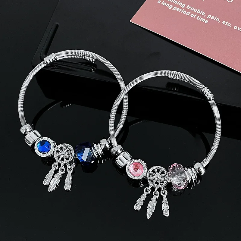 

Bohemian resort style DIY Hand Beaded crystal bracelet dream catcher tassel stainless steel bracelet female