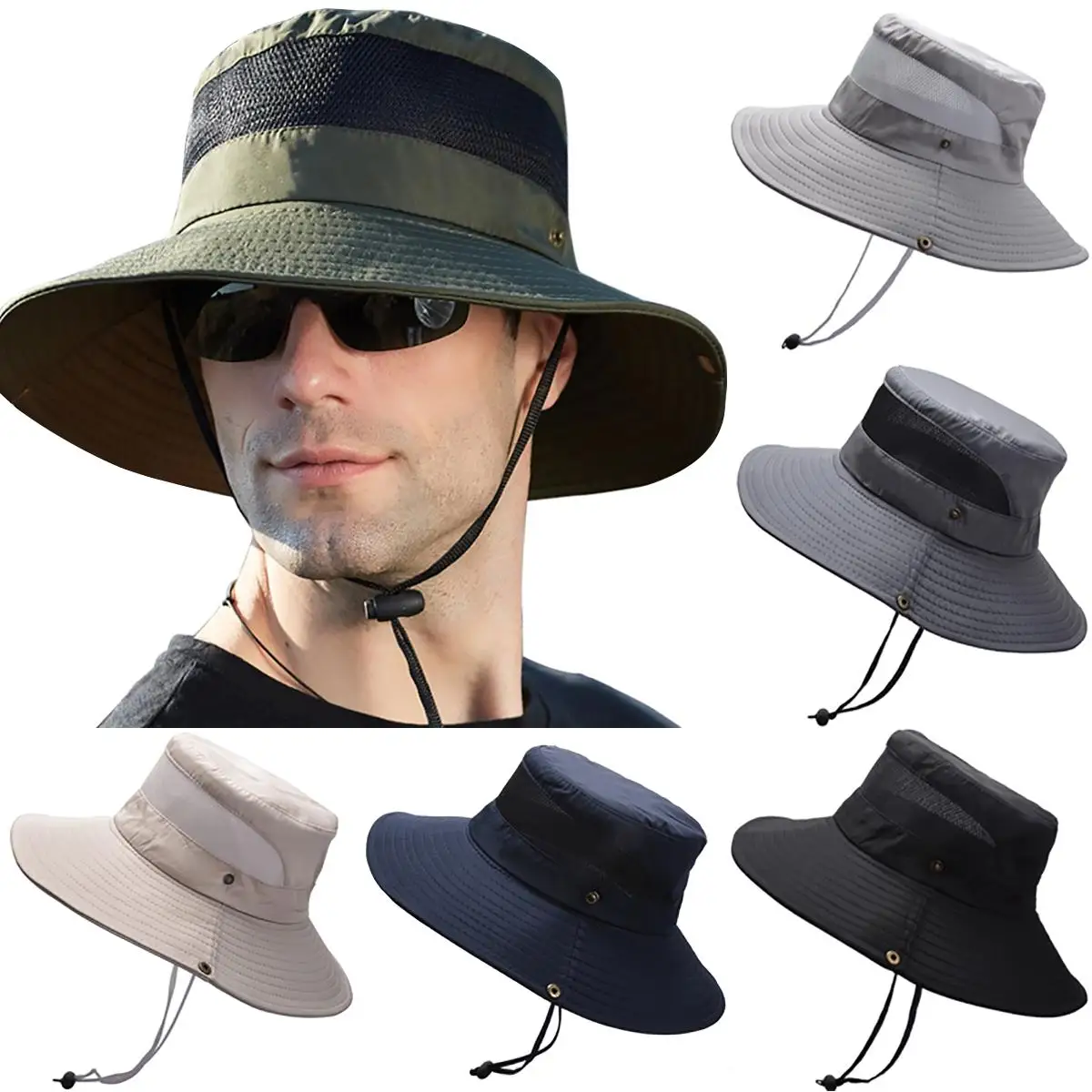 

Men Casual Tactical Boonie Hat Male Outdoor Solid Color Breathable Lace Up Wide Eaves Boonie Cap