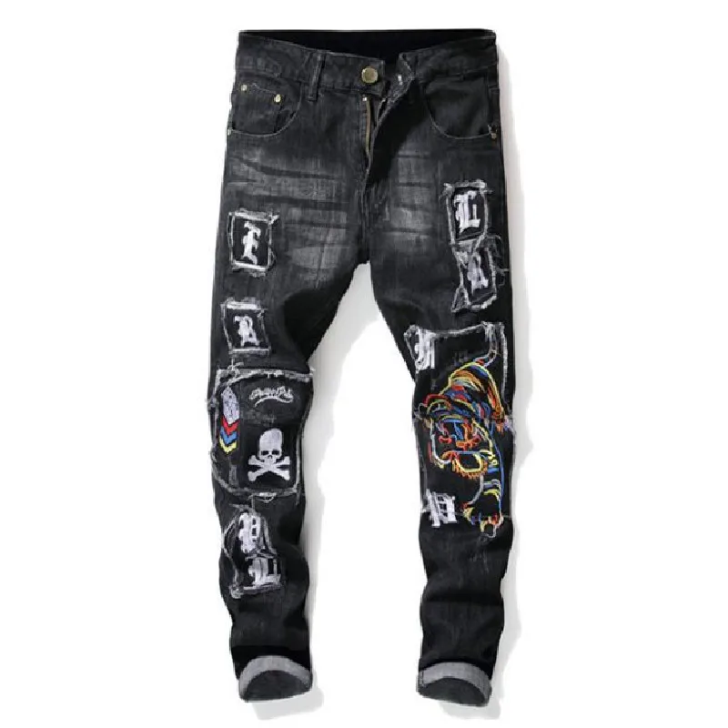 

Men's Jeans Autumn Winter New Worn Embroidery Tiger Skull Badge Men's Slim Feet Stretch Hole Jeans Fashion Versatile Jeans
