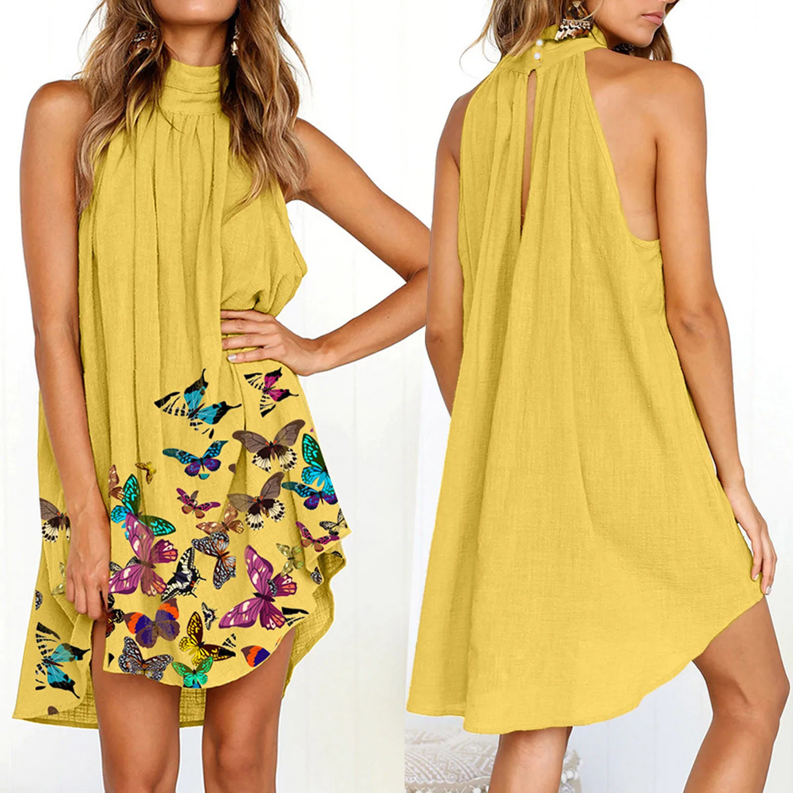 

JAYCOSIN Women Loose Sleeveless Halter Neck Dresses 2021 Summer Butterfly Vintage Print Casual Elegant Dress Beach Robe Dresses