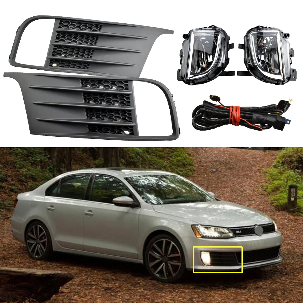

1pair Car-styling Front Fog Lights Fog Lamp + Fog Lamp Grille +Wire +Bulbs For VW Jetta A6 MK6 GLI 2011 2012 2013 2014 2015